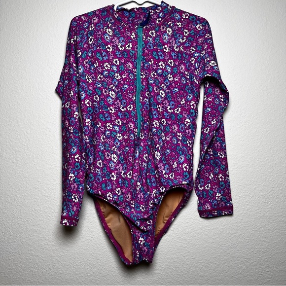 Crewcuts J. Crew‎ Girls Rash Guard One Piece Swim 6-7 Purple Floral UPF 50 Beach - Picture 1 of 10